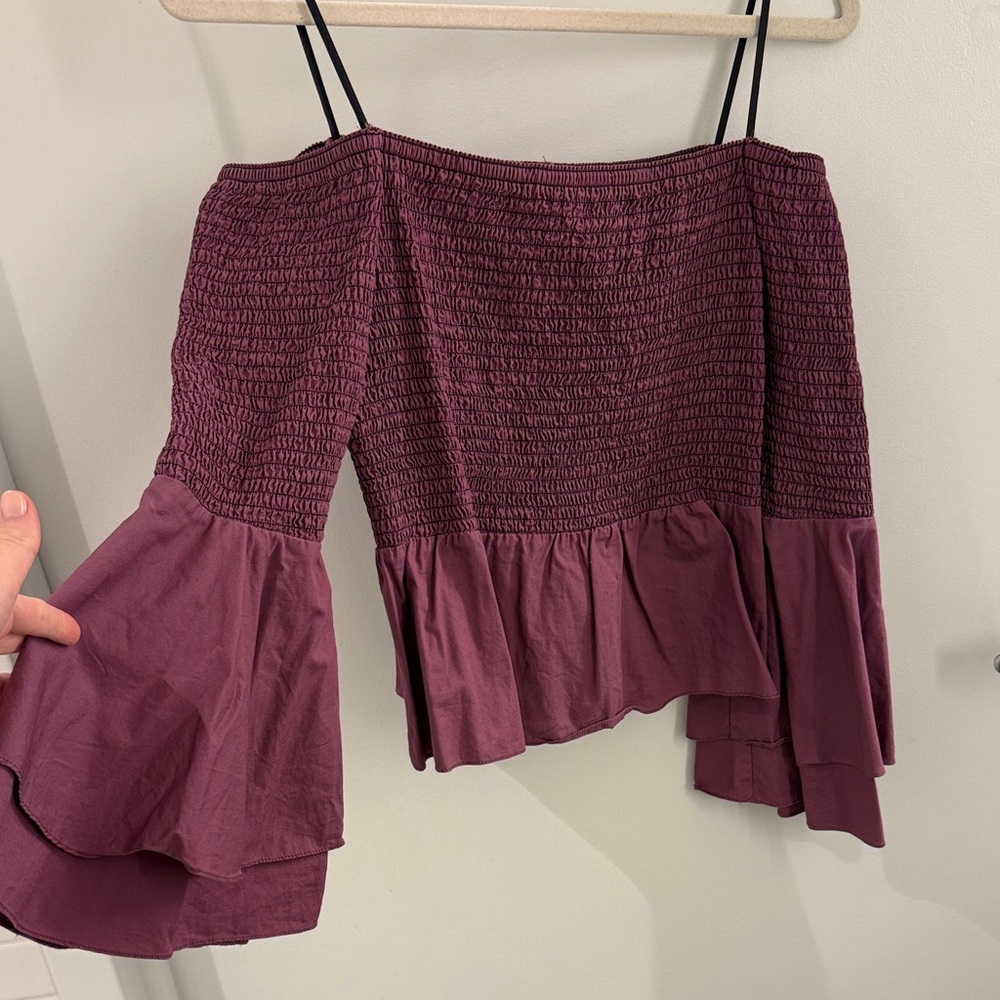 Amanda Uprichard Plum Off-Shoulder Smocked Peplum Top